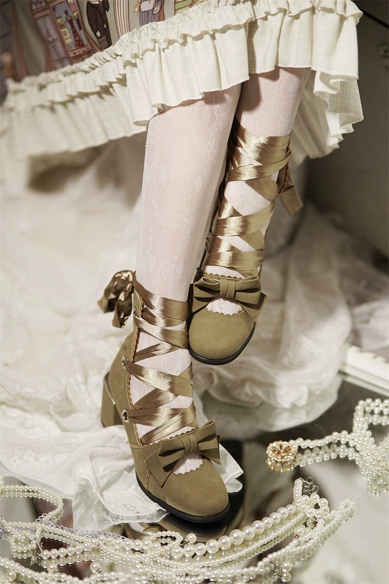 MR.Qiutian - Muse Kiss - Elegant Lolita Shoes Lace-up Bow Heels Round Toe 35 Army Green-3.5cm Mid Heel