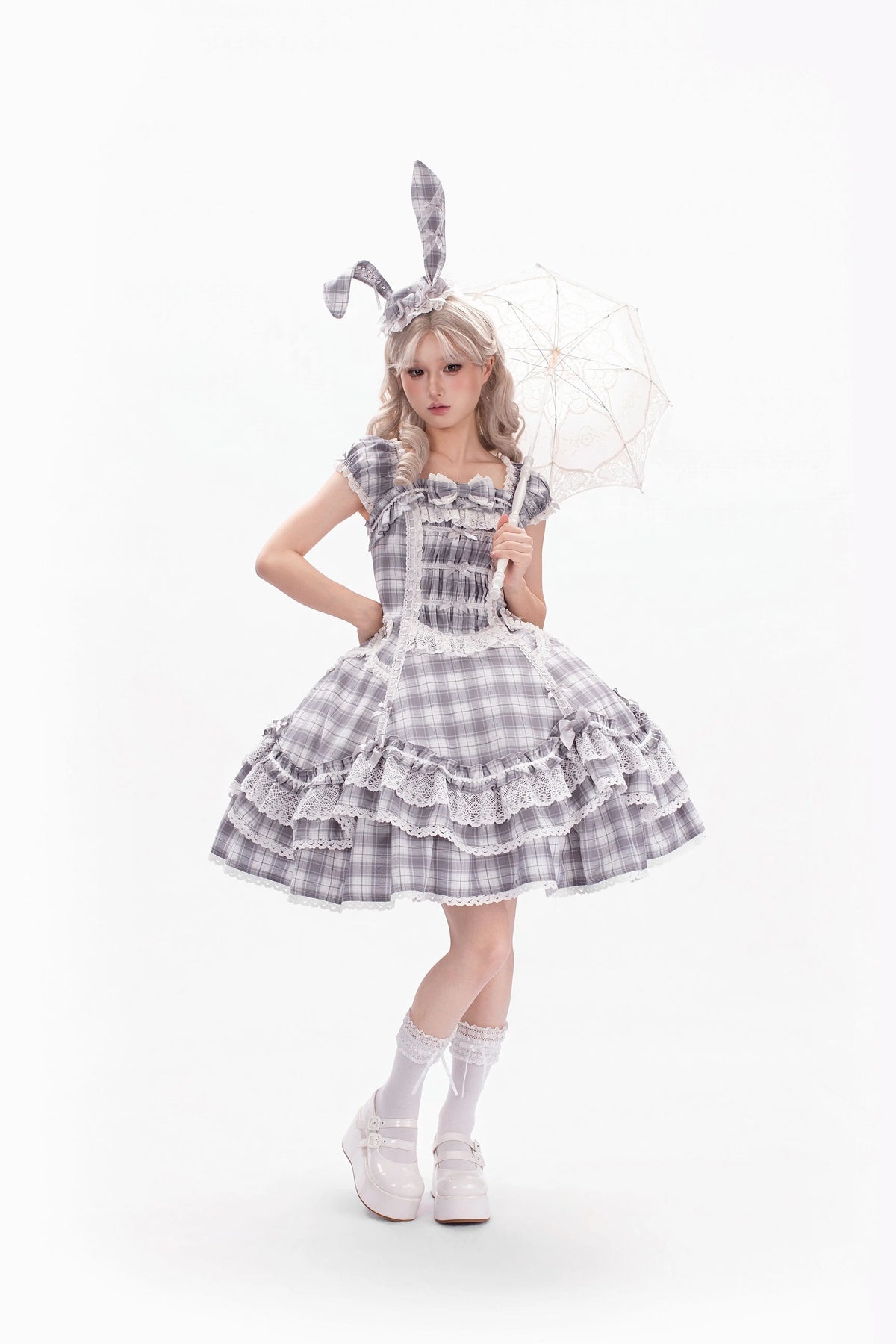 Plaid Lace Bunny - Old School Lolita Plaid OP Dress, Lace Trim 45992:871280