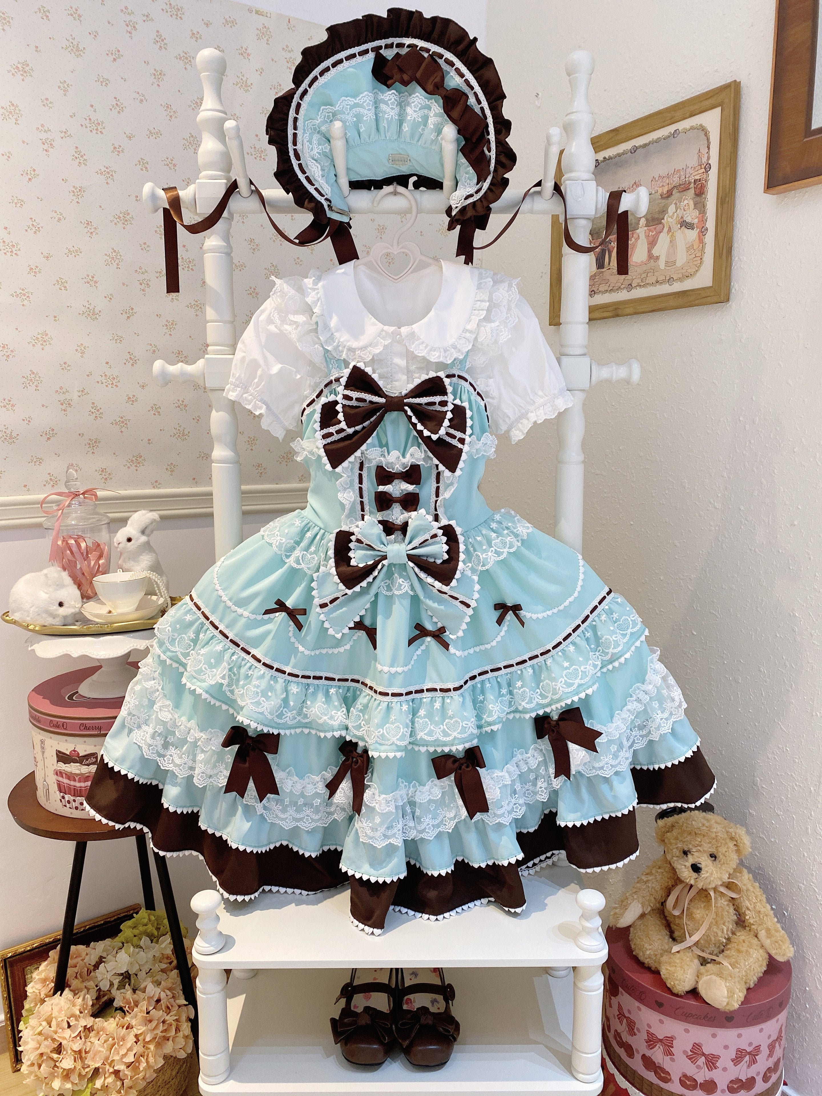 Sugar Girl - Fondant Cake - Summer Sweet Lolita JSK Dress, Tiered Ruffles and Bows Mint Chocolate JSK + Mint Chocolate BNT S
