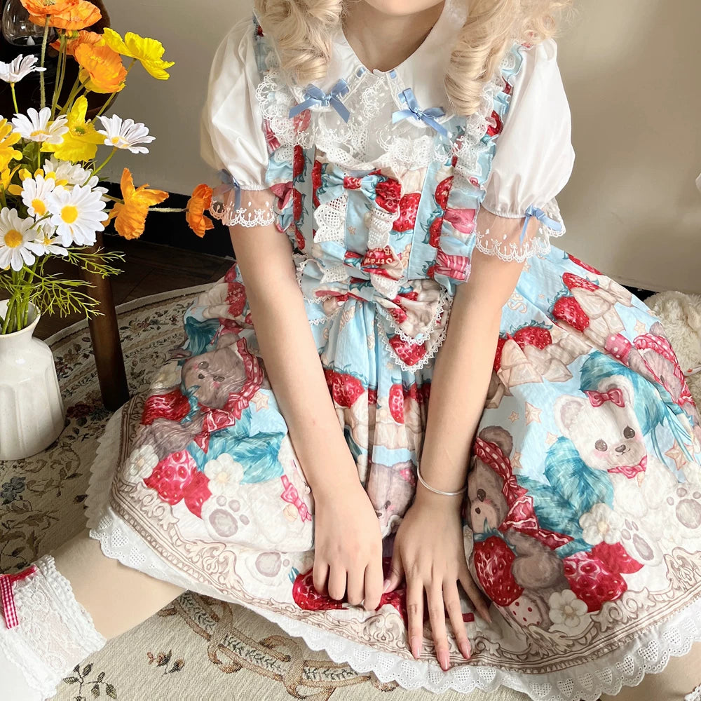 Bearberry Pastry Chef - Kawaii Lolita Salopette Dress, Bear & Strawberry Print Blue S