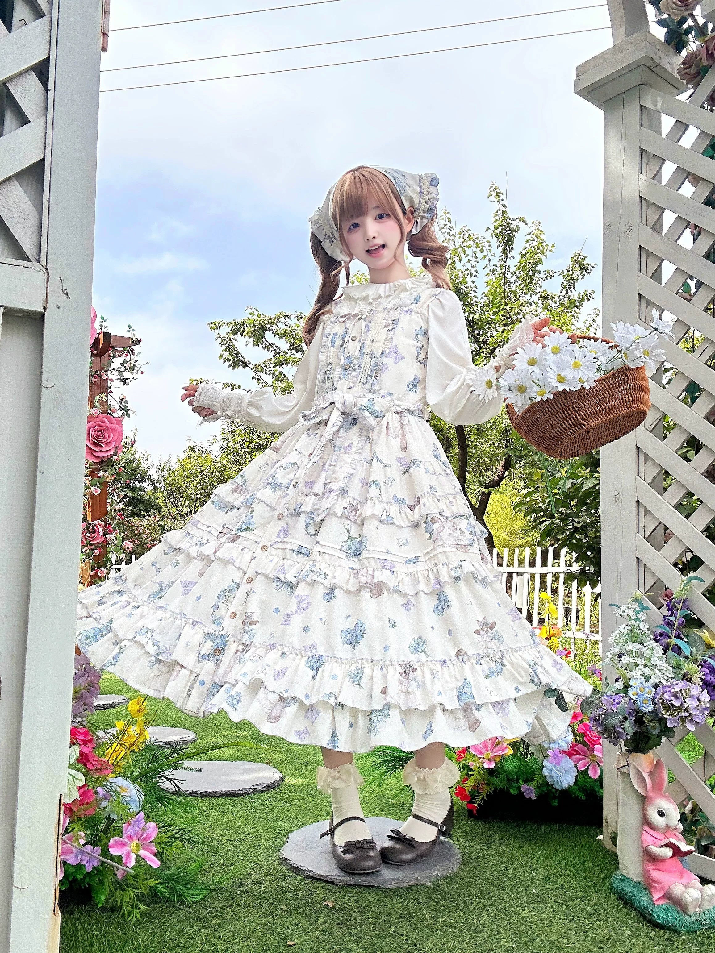 Meow Wreath - Classic Lolita Button Closure JSK Dress, Cat and Wreath Print