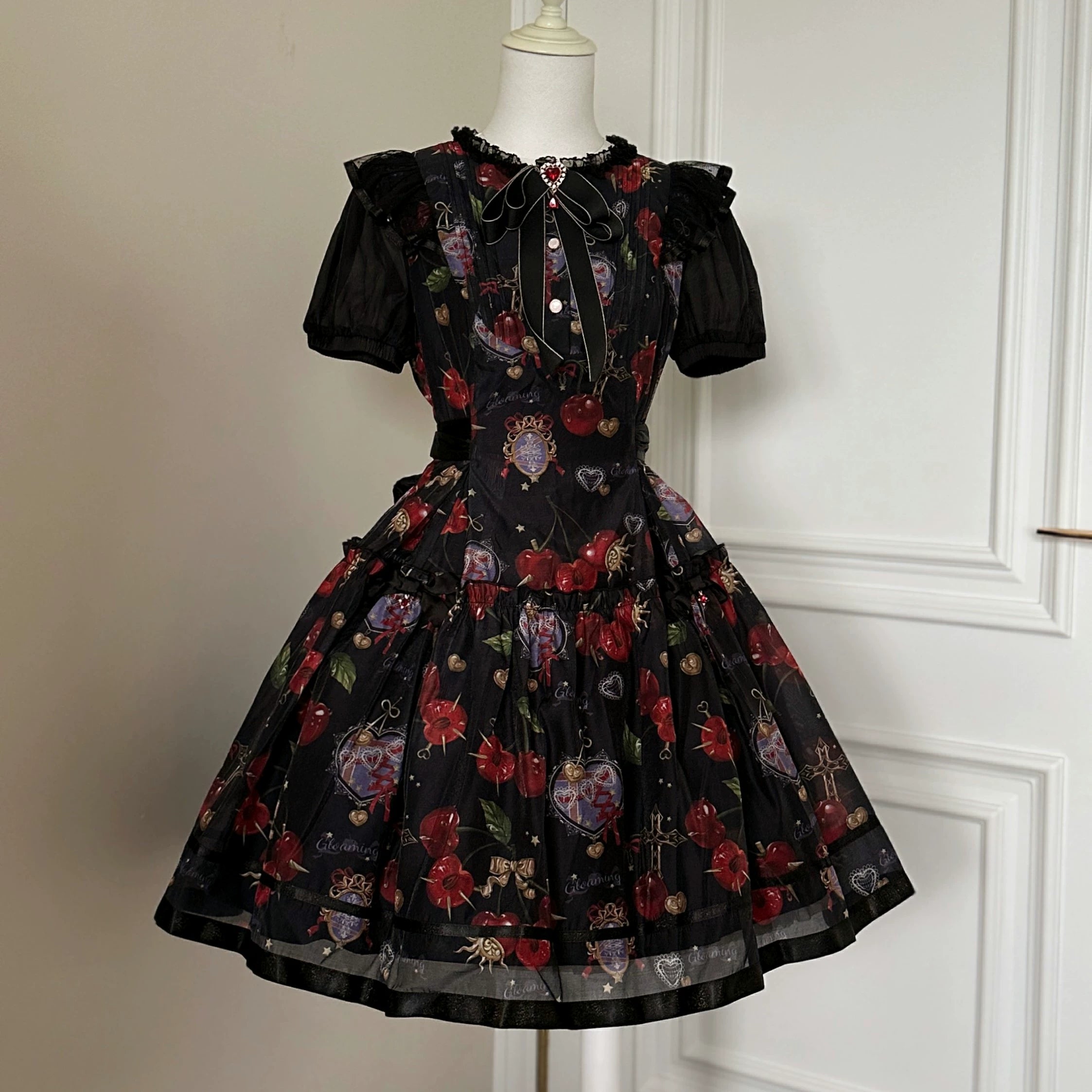 (Buy for me)Gloaming~Sweet Lolita Cherry print Short Sleeve OP and SK Set (2XL L M S XL) 28840:322558