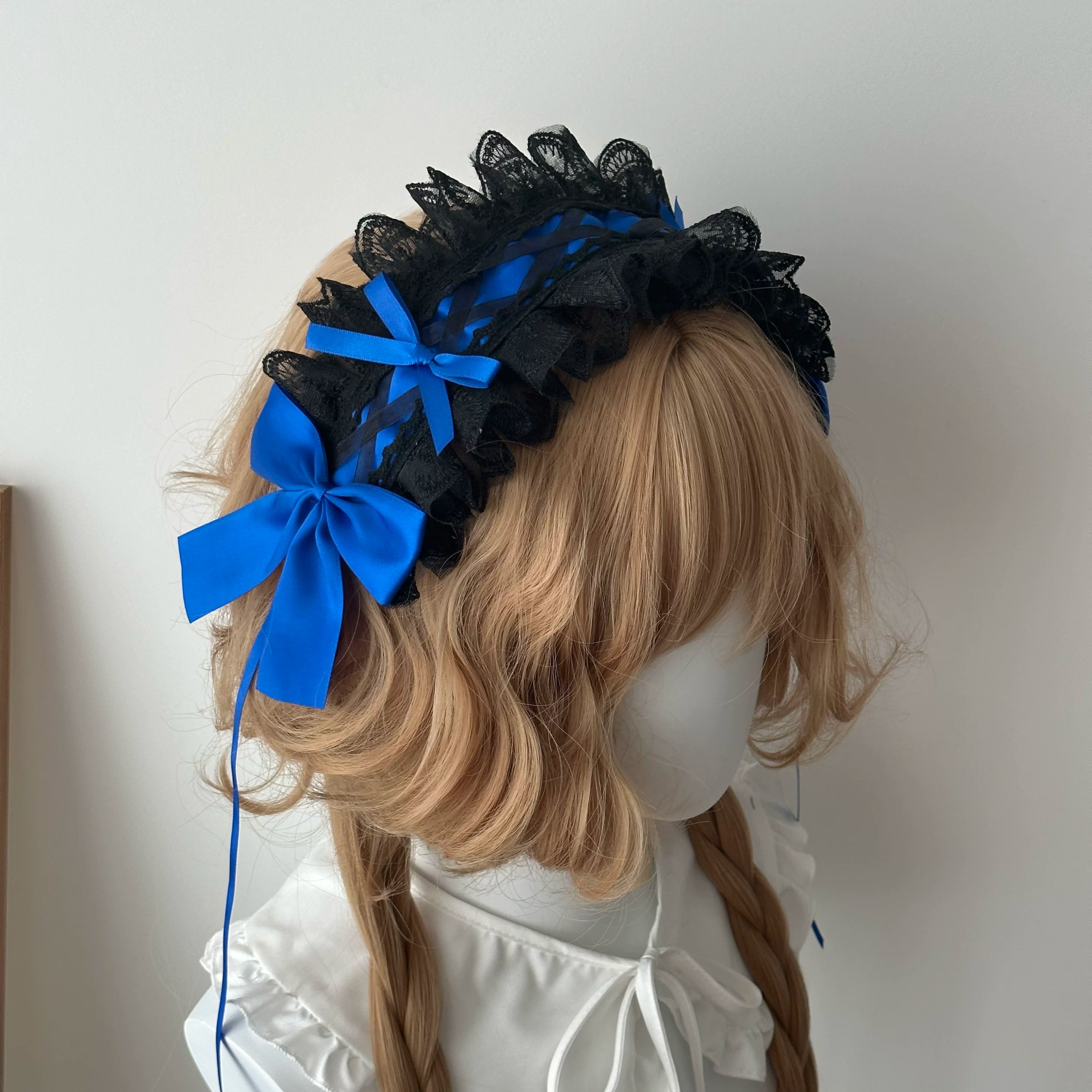 Sweet Lolita Lace Headbands, Ribbon & Bow Black lace with royal blue bow headband