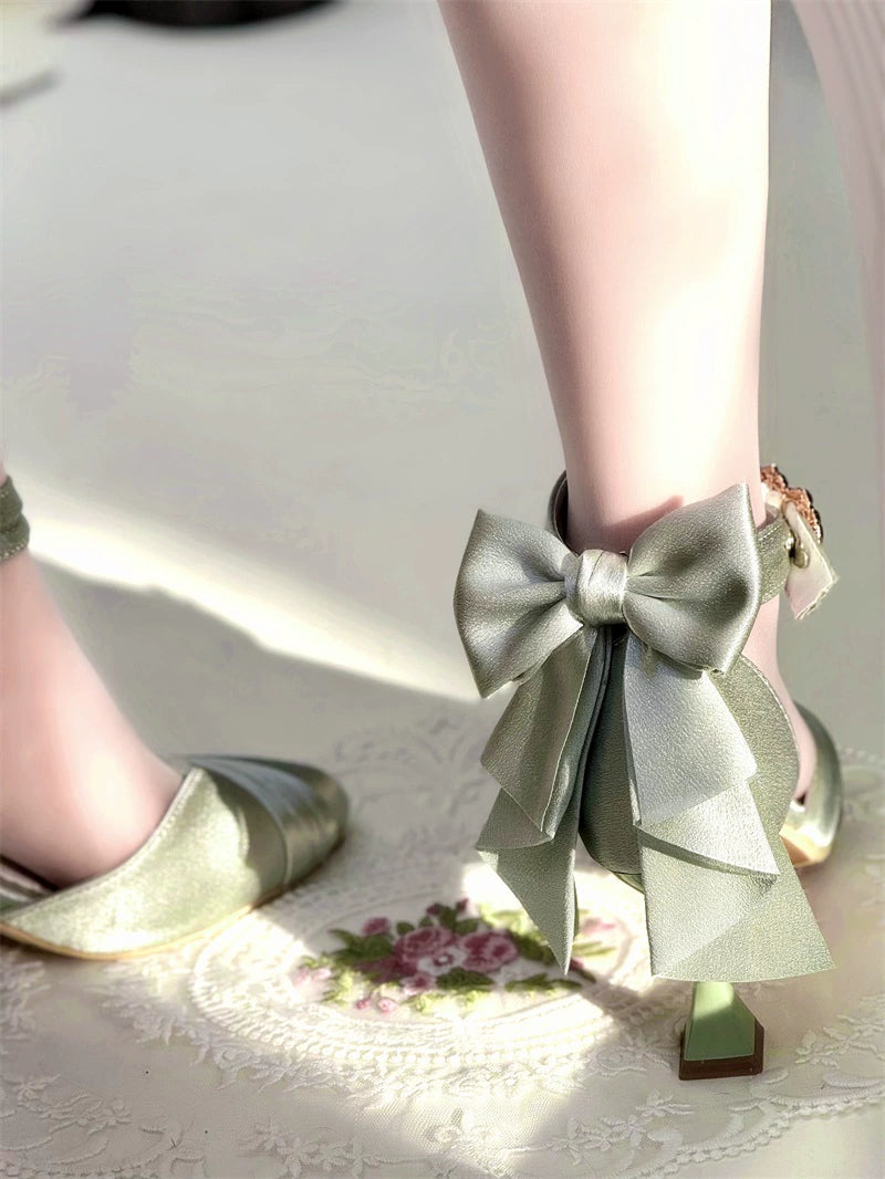 MR.Qiutian~Coronation~Elegant Lolita Shoes Satin Heels With Rose Buckle & Bow Clip 43252:772794