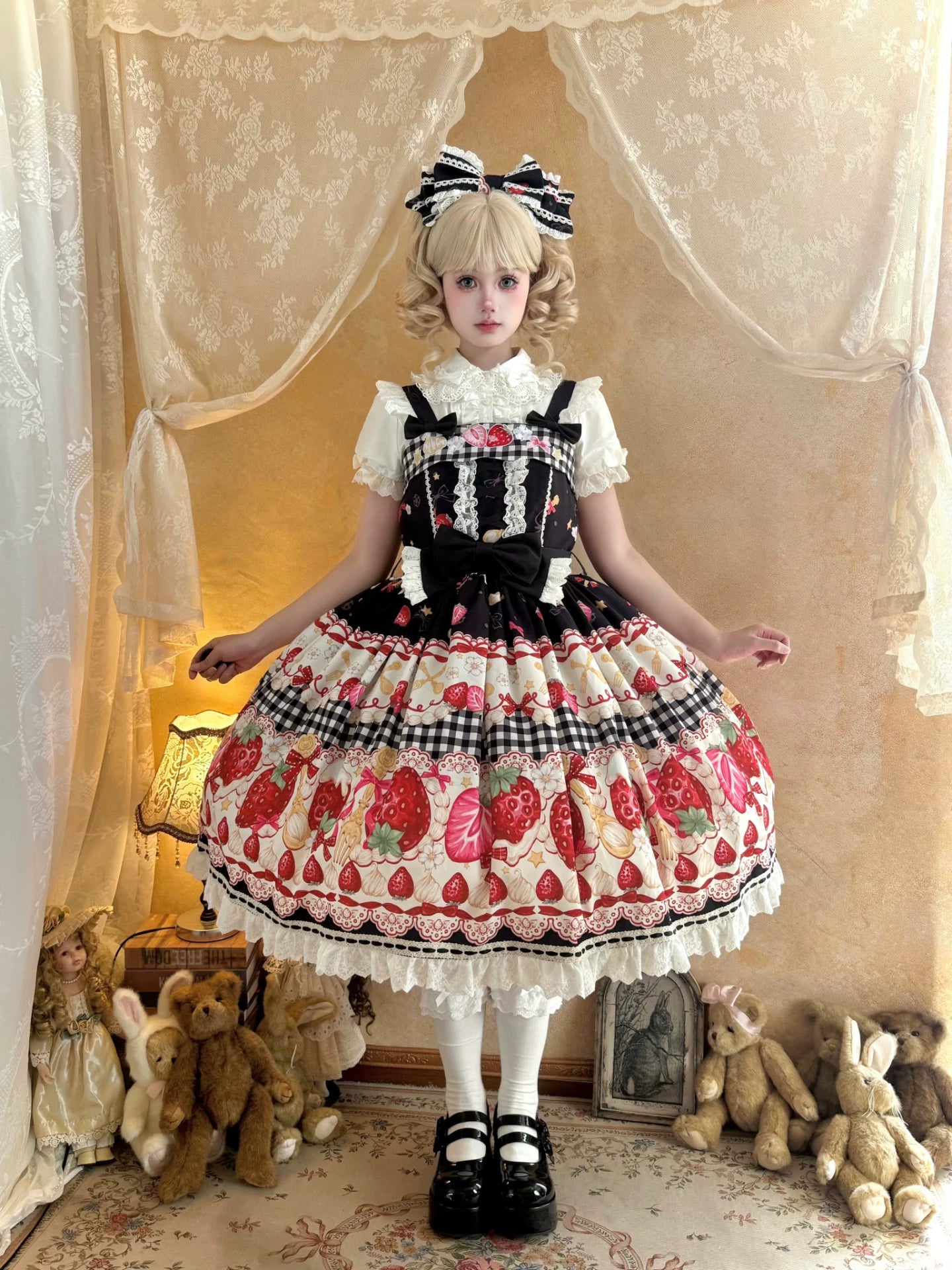 Plaid Strawberry Jam - Sweet Lolita Strawberry Printed JSK Dress (L M S) 45545:853012