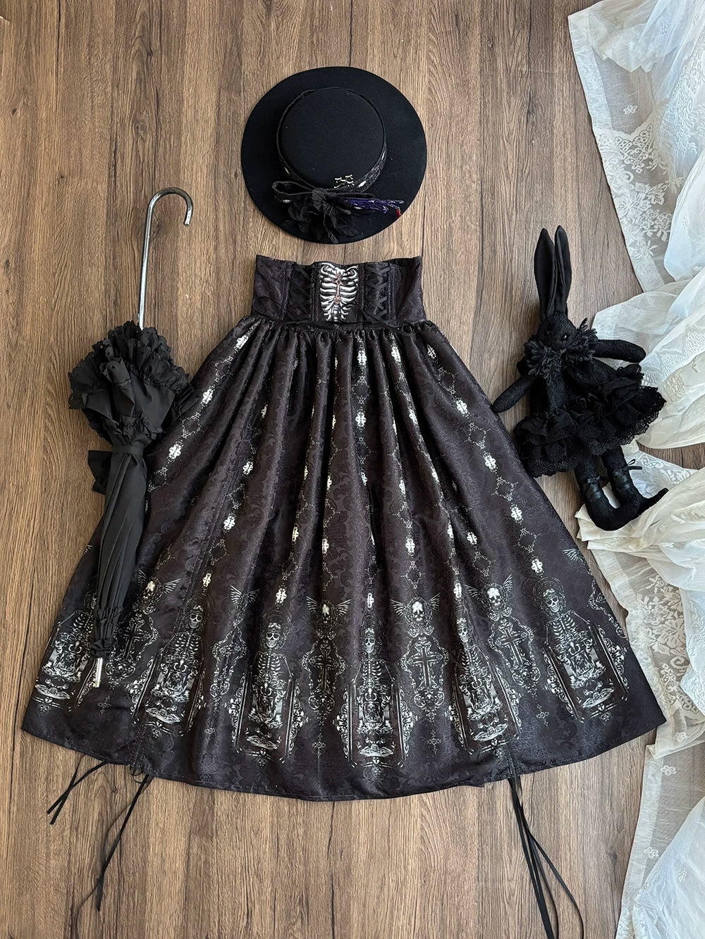 Moonnight Return - Fishbone Gothic Lolita SK Dress, Drawstring lift-up Hem Printed - Black SK XS