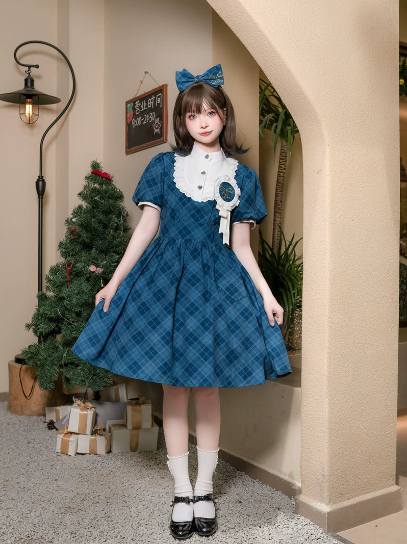 Showa Girl - Classic Lolita Showa Retro Idol Plaid OP Dress Blue OP + Badge + KC S