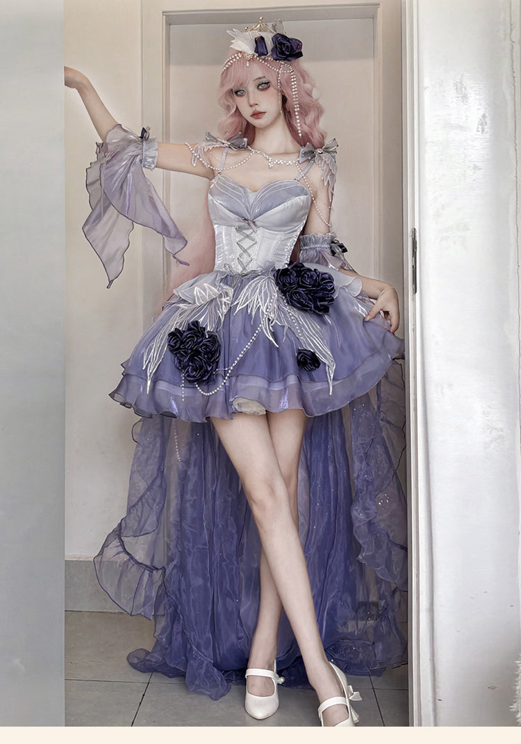 Meowing and fruity - Swan Fantasy - Fairy Lolita Short JSK Ballet-Style Jumper Dress Mist Purple - Large Set (JSK+detachable sleeves+trailing set) S