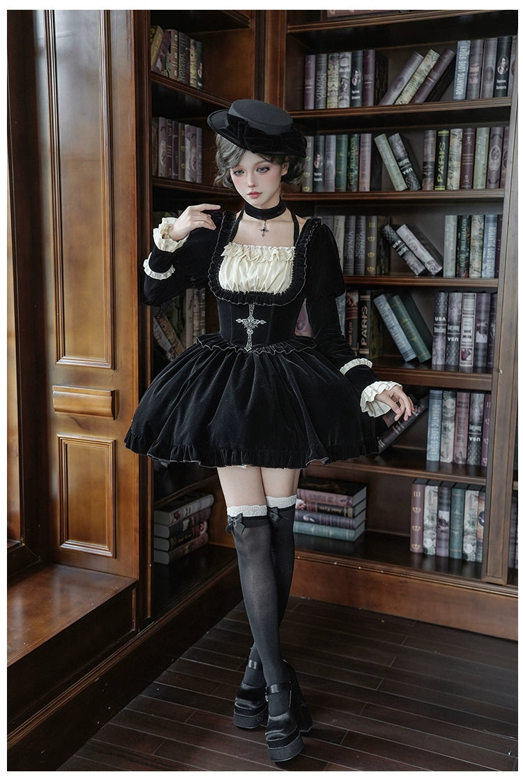 With PUJI - Apocalypse - Gothic Lolita Velvet OP Dress Set, Fishbone Waist 44128:797129