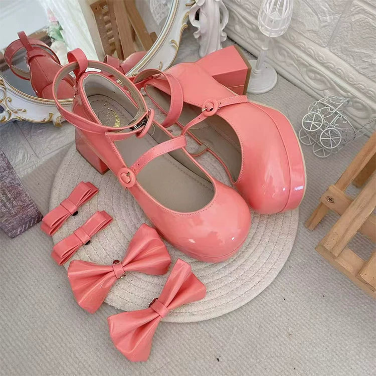 Covenant Doll - Sweet Lolita Chunky Heel Shoes, Detachable Bow Barbie Pink - Patent Version 34