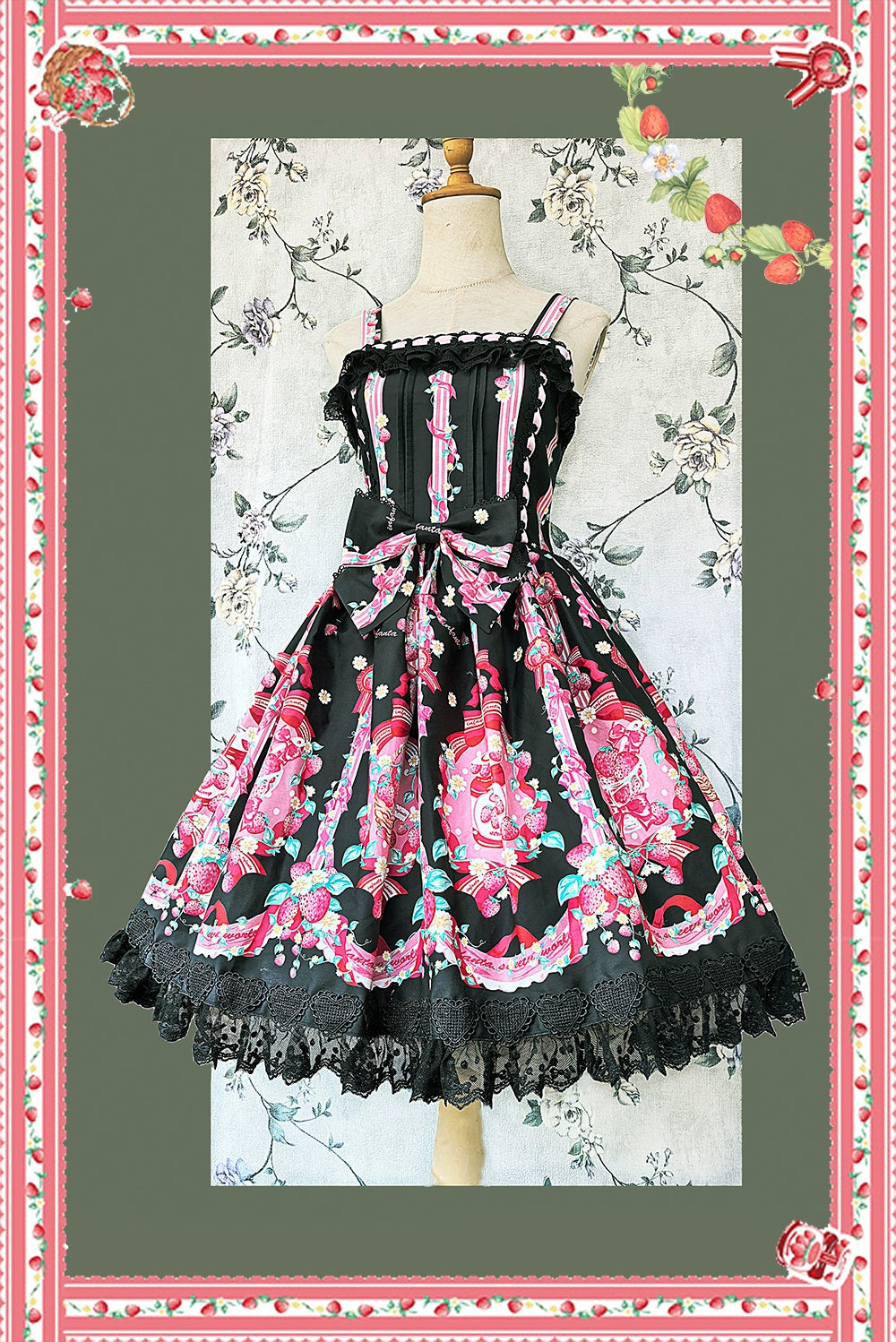 Infanta - Strawberry Culinary Maiden - Sweet Lolita JSK Dress With Strawberry Floral Print Black JSK S