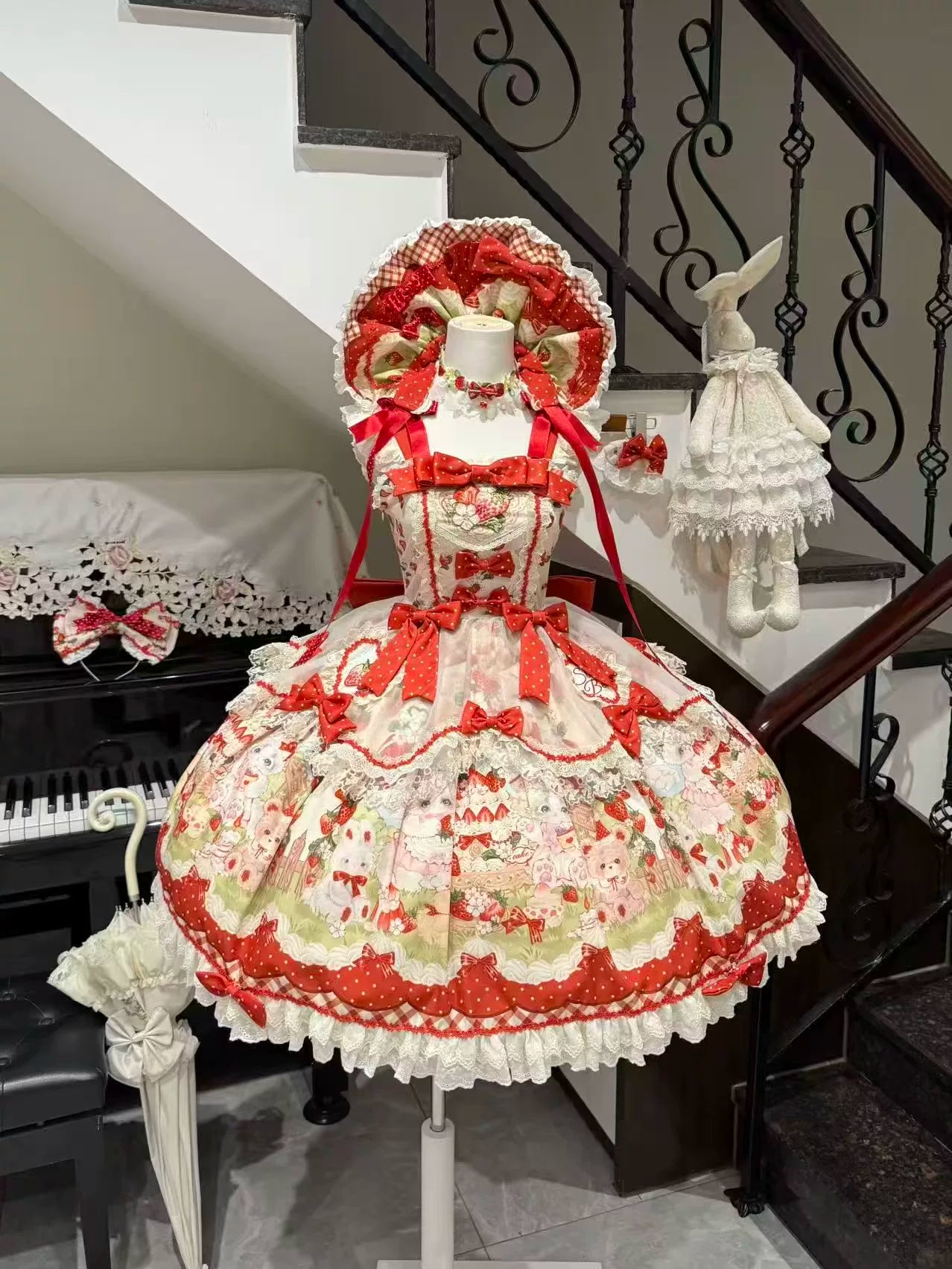 Strawberry Cat - Printed Sweet Lolita JSK Dress, Embroidered Strawberry Printed JSK Full Set (JSK + Trailing + Apron + BNT) S