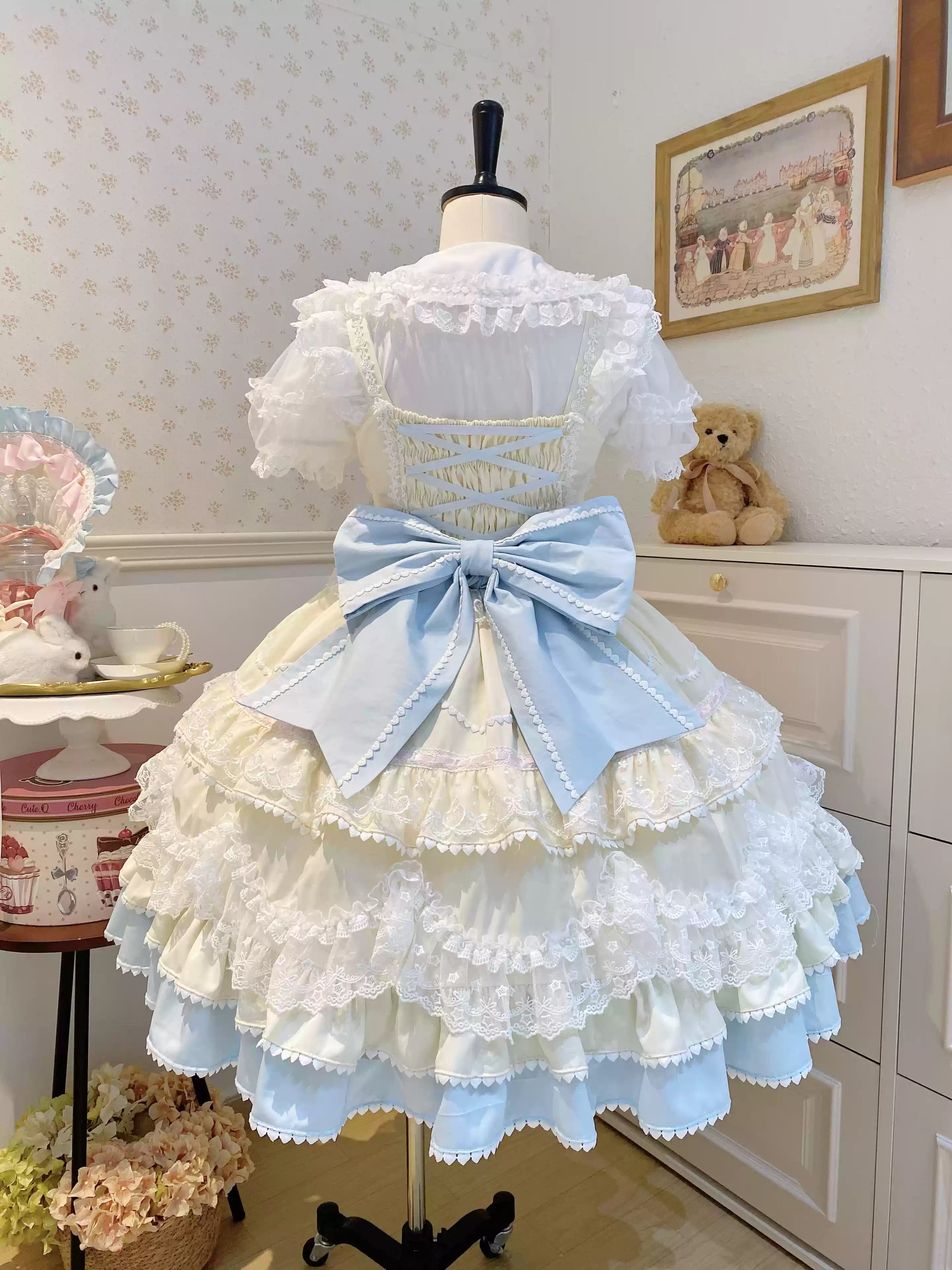 Sugar Girl - Fondant Cake - Summer Sweet Lolita JSK Dress, Tiered Ruffles and Bows (L M S) 42612:762147