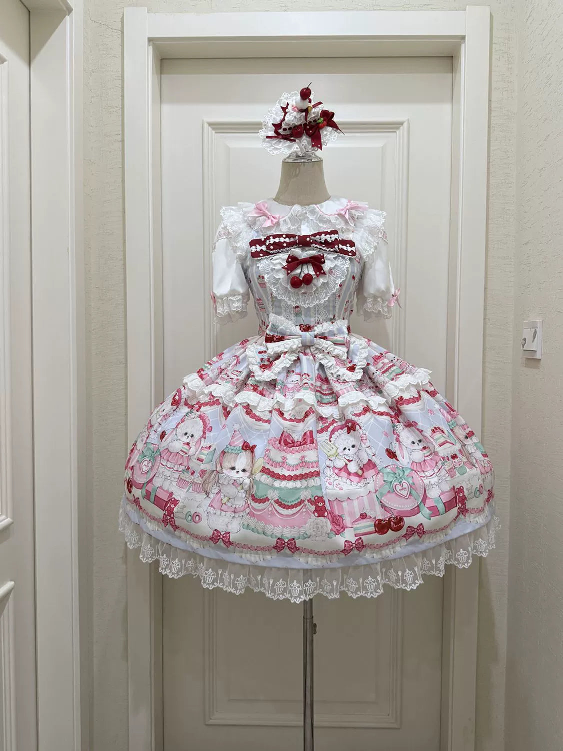 Hanguliang - Cherry Bake Song - Kawaii Lolita JSK Dress With Dessert Print & Cherry Bow Blue JSK Only S