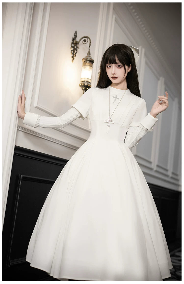 Nihil - Gothic Nun Lolita OP Dress, Irregular Hem Cape 44717:819751