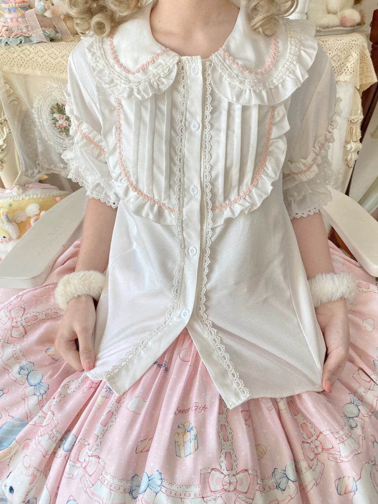 Suiyi - Meow Pompom - Sweet Lolita Salopette Dress Suit, Cat Print Pink Blouse S