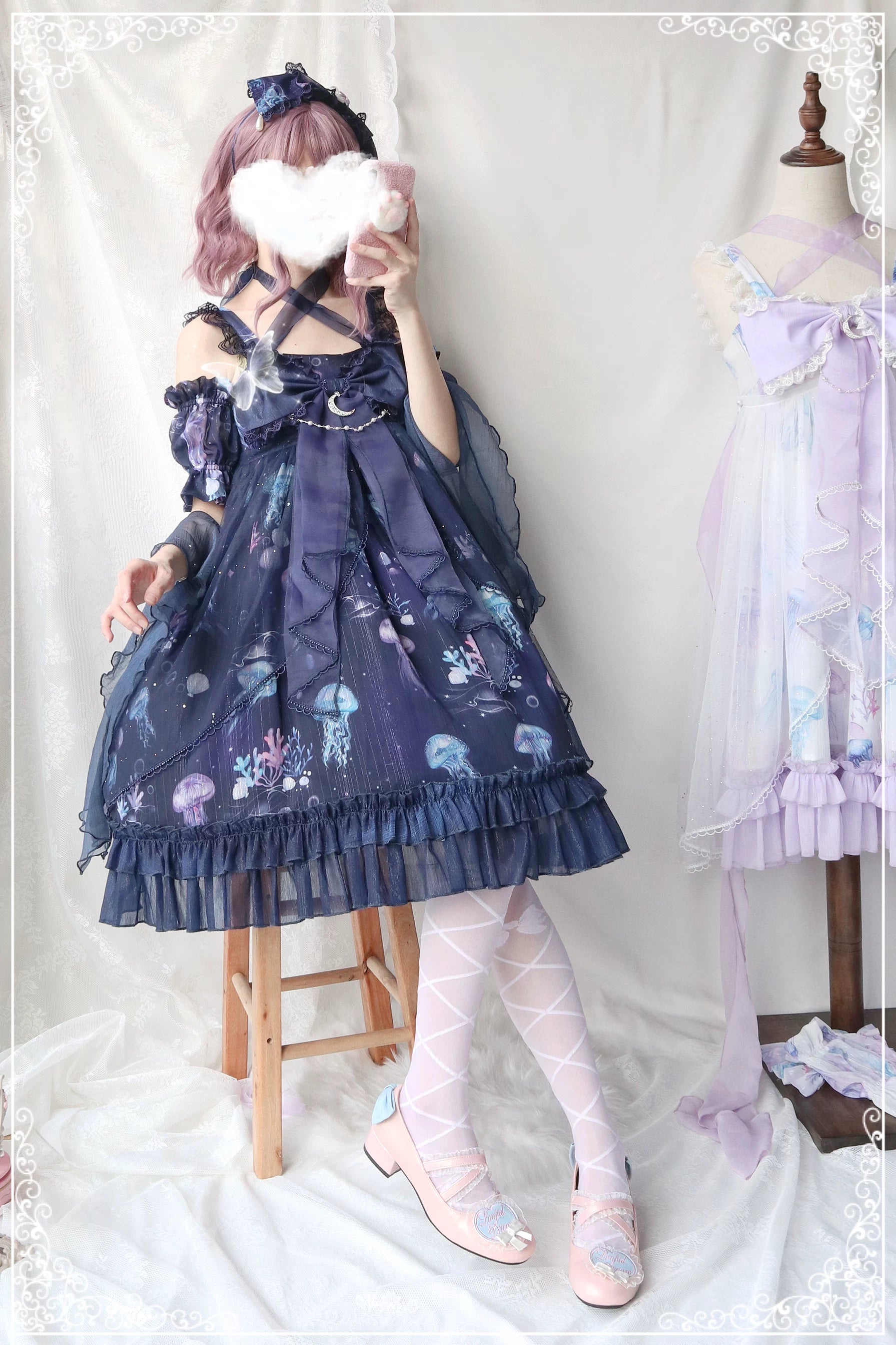 Coral Jellyfish - Sweet Lolita High-waist JSK Dress, Jellyfish & Coral Print 44906:827407