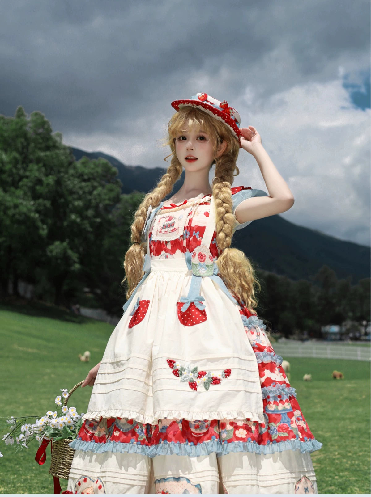 Rose Whispers - Strawberry Tata - Sweet Lolita Dress Suit With Strawberry Cake Print