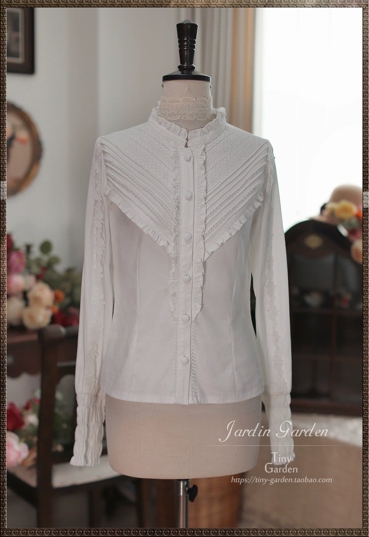 Tiny Garden - Black Forest Garden - Classic Lolita Blouse Mutton Leg Sleeves Stand Collar Shirt S White