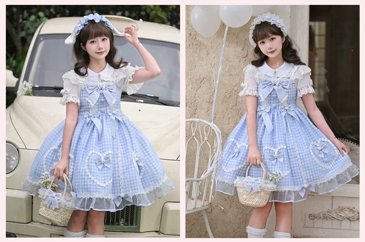Daisy Cake - Blue Plaid Sweet Lolita JSK Dress, Daisy-trimmed Bows