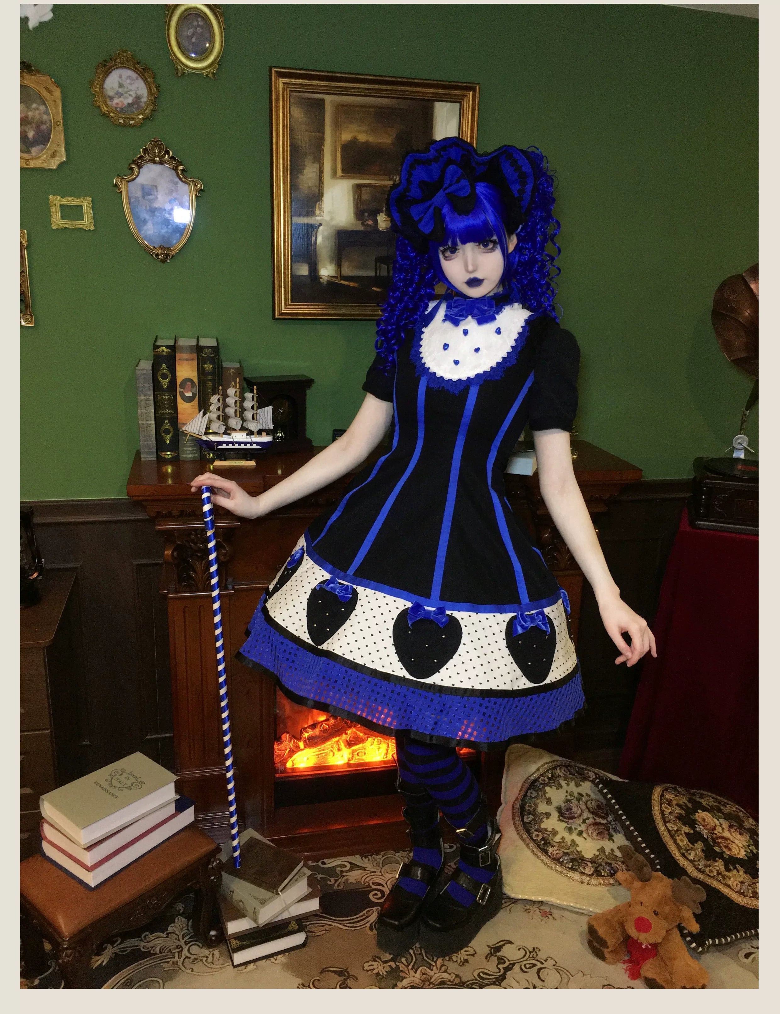 The Weird Strawberry Lady - Old School Lolita JSK, Hand-Studded Strawberry Black-blue JSK with Black Strawberry S