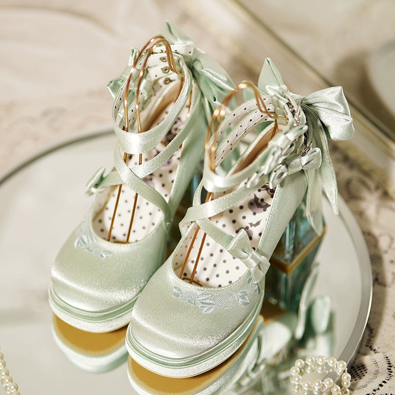 Panda Bear - Glass Floral House - Elegant Lolita Shoes,Transparent Heels with 3D Floral (Green / 34 35 36 37 38 39 40 41) 44045:793515
