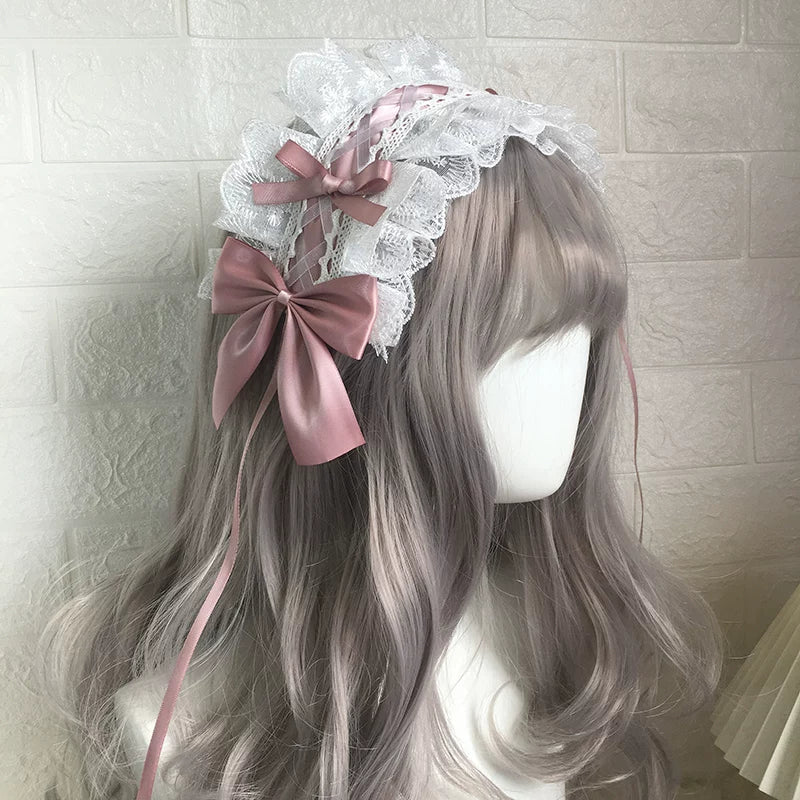 Sweet Lolita Lace Headbands, Ribbon & Bow White lace with dusty rose bow headband