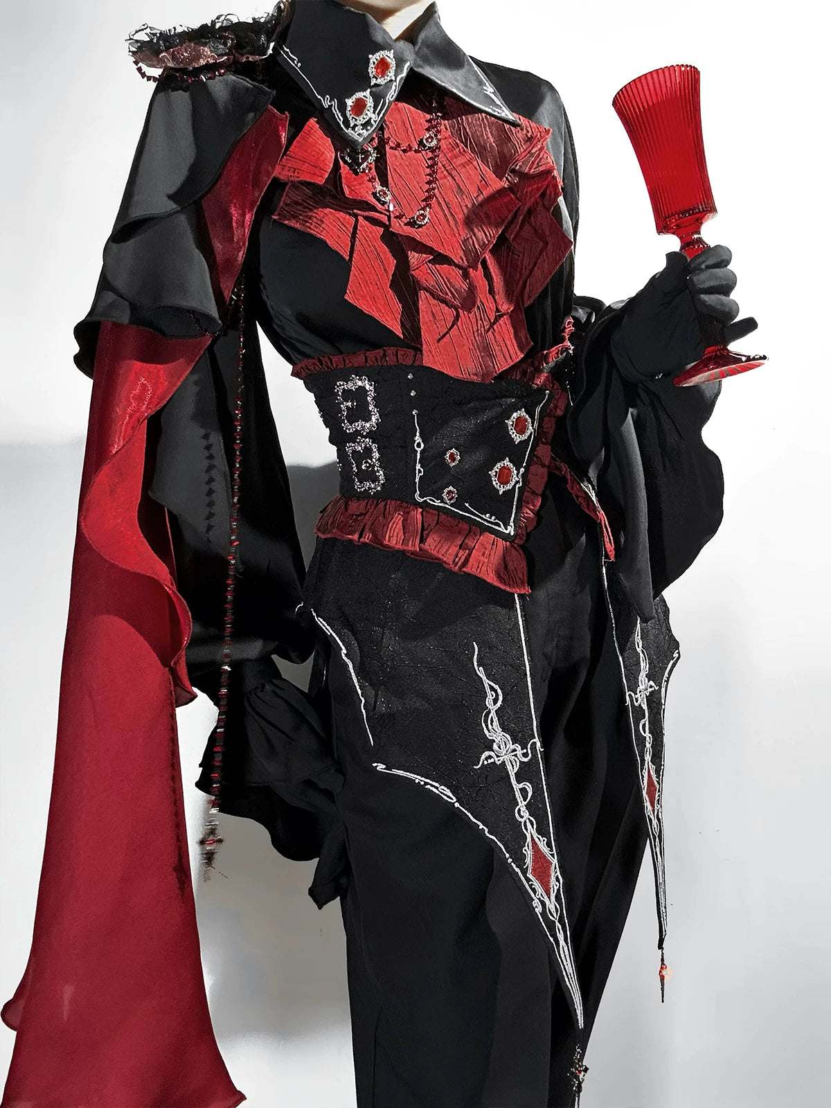 Crimson Vow - Red Black Ouji Lolita Blouse & Pants Set, Vine Embroidery 45953:869272
