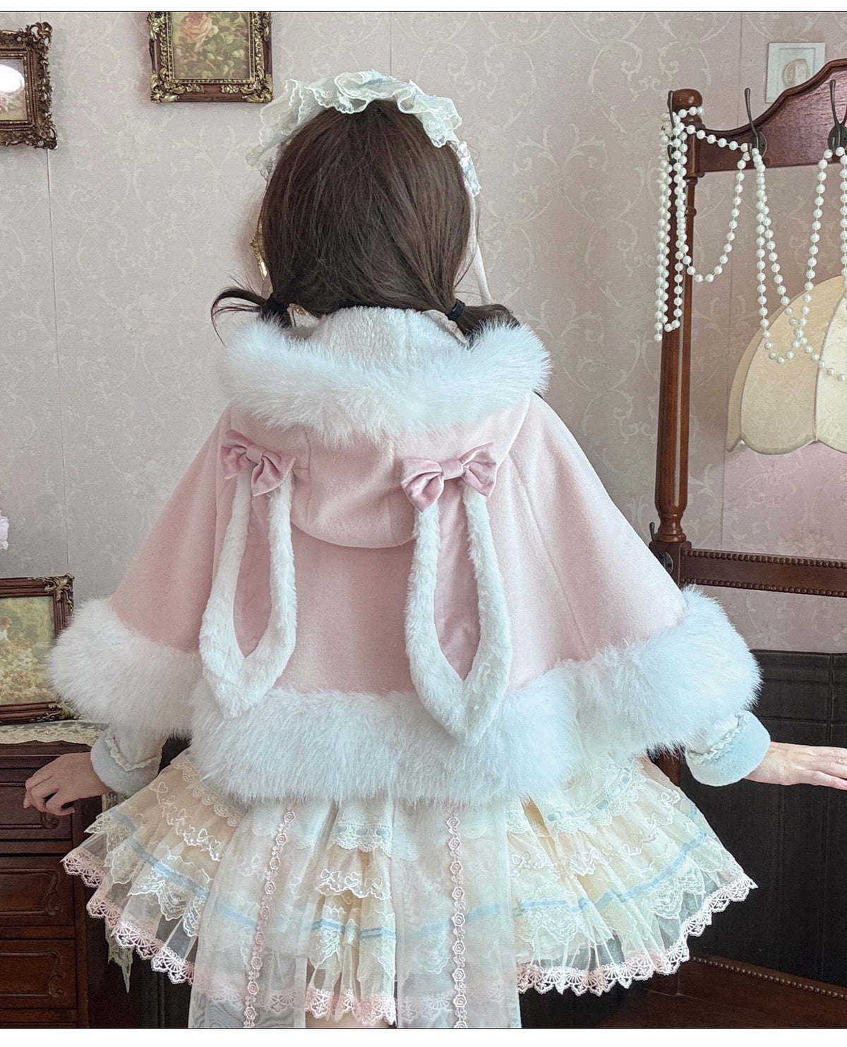 Floppy Bunny Ear -Sweet Lolita Winter Fleece-Lined Cape Coat with Bunny Ears