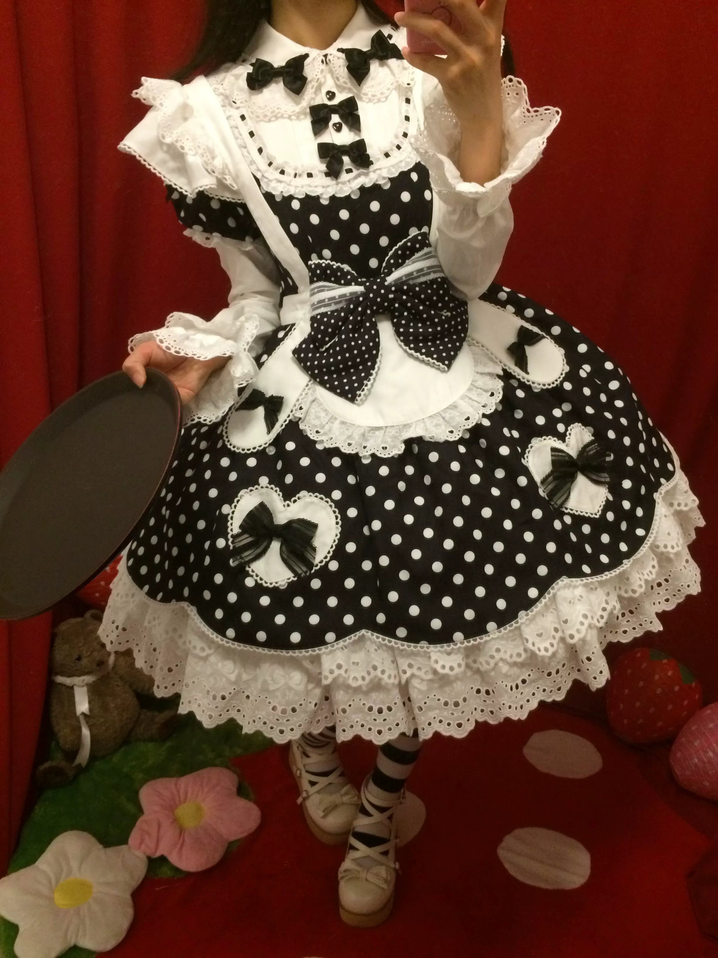 Bunny Kissaten - Four Colors Old School Lolita Polka Dot OP, Bunny Ear Apron 45824:864242