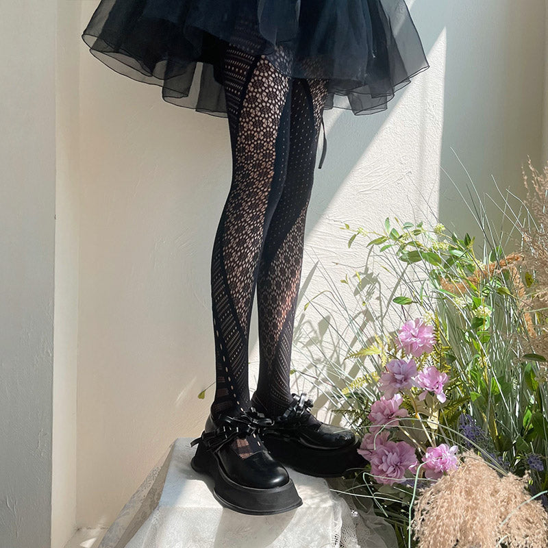 WAGUIR~Daily Lolita Lace Pantyhose Multicolor black free size 