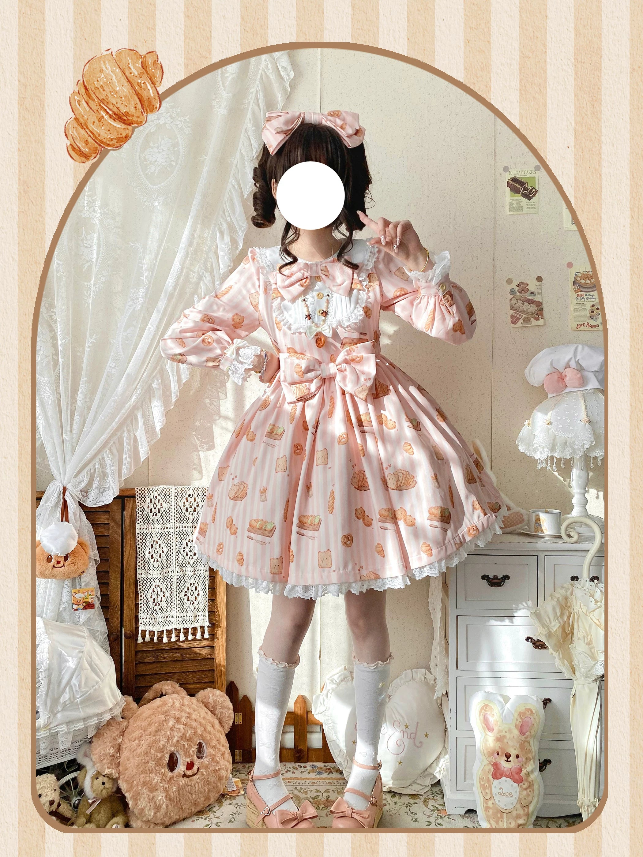 Kitten Bread - Sweet Lolita OP Dress, Cat & Bread Print