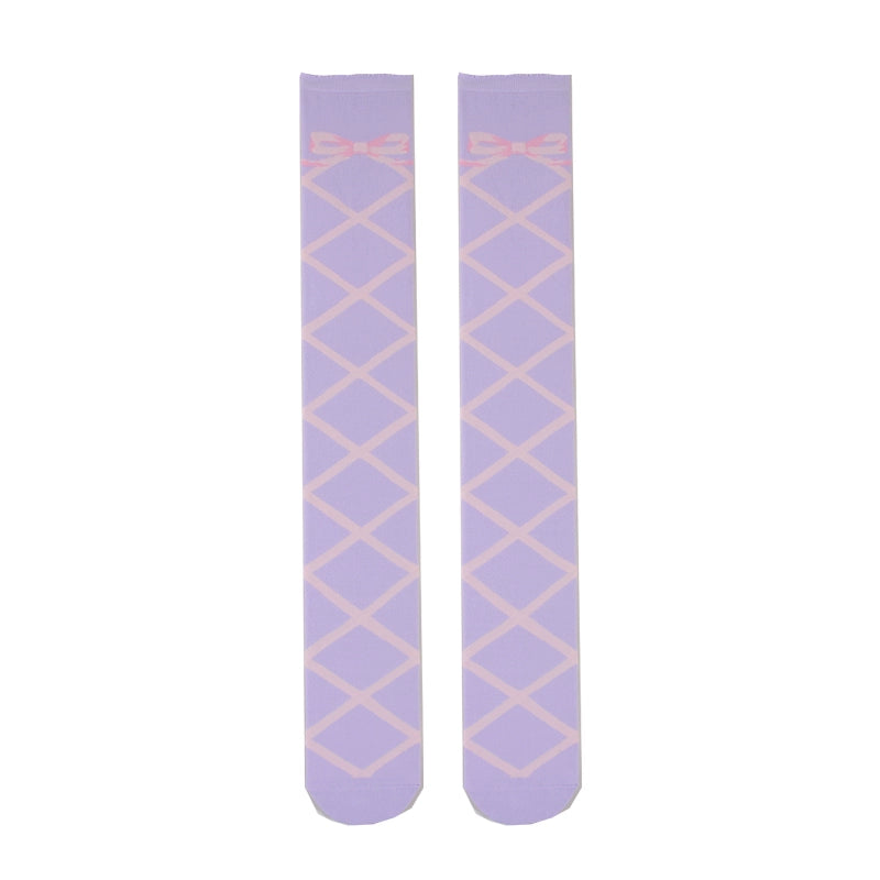 Roji Roji - Sweet Lolita Cotton Mid-Calf Socks knee-high socks pink straps on purple background