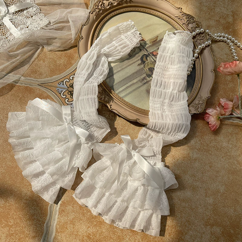 WAGUIR - Sweet Lolita Calf Socks Ruffled Mesh Lace Bow Socks One Size White socks with white bow