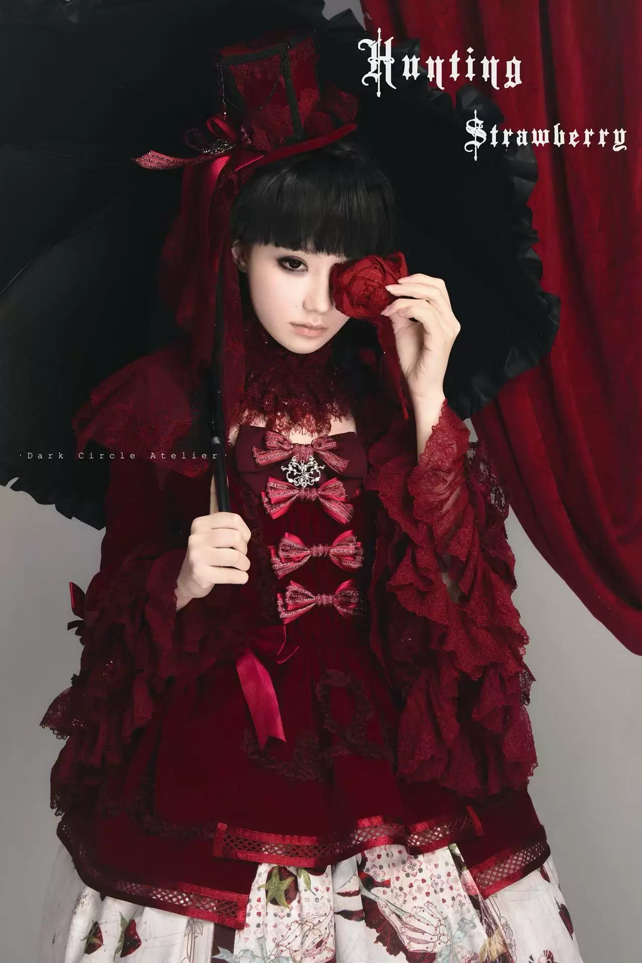 Monster Strawberry Hunt - Gothic Lolita Strawberry Printed Velvet Dress Set 45737:859877