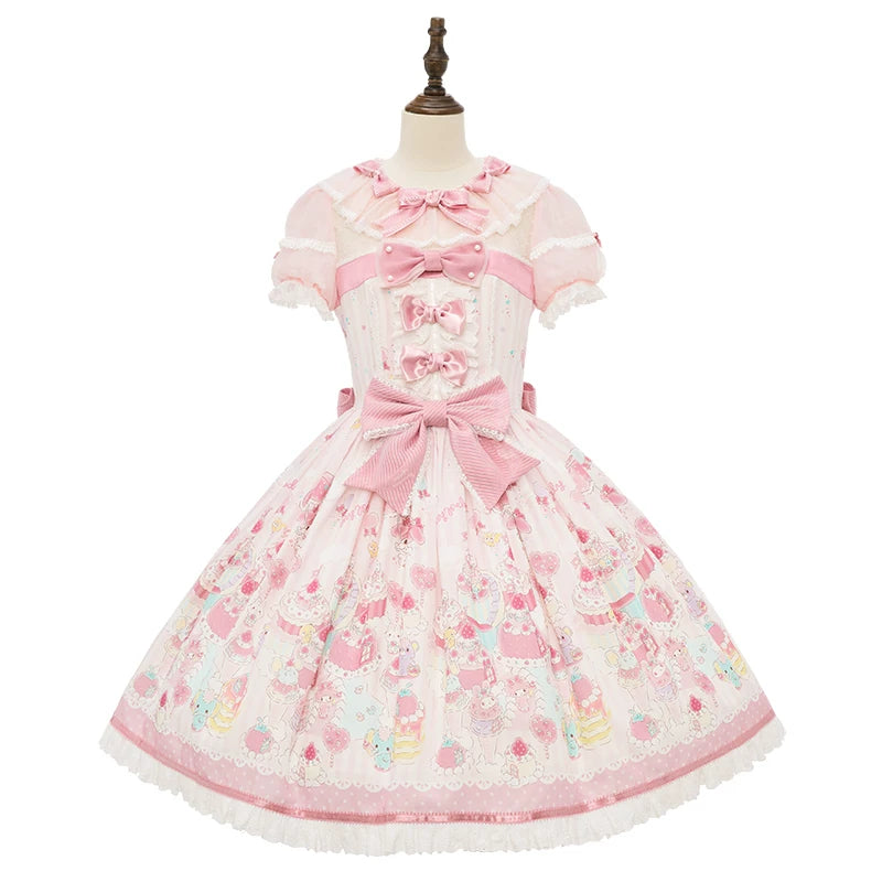 IP Collaboration Sweet Lolita Dress, Gorgeous OP & Slim JSK White-pink Striped - Printed OP XS