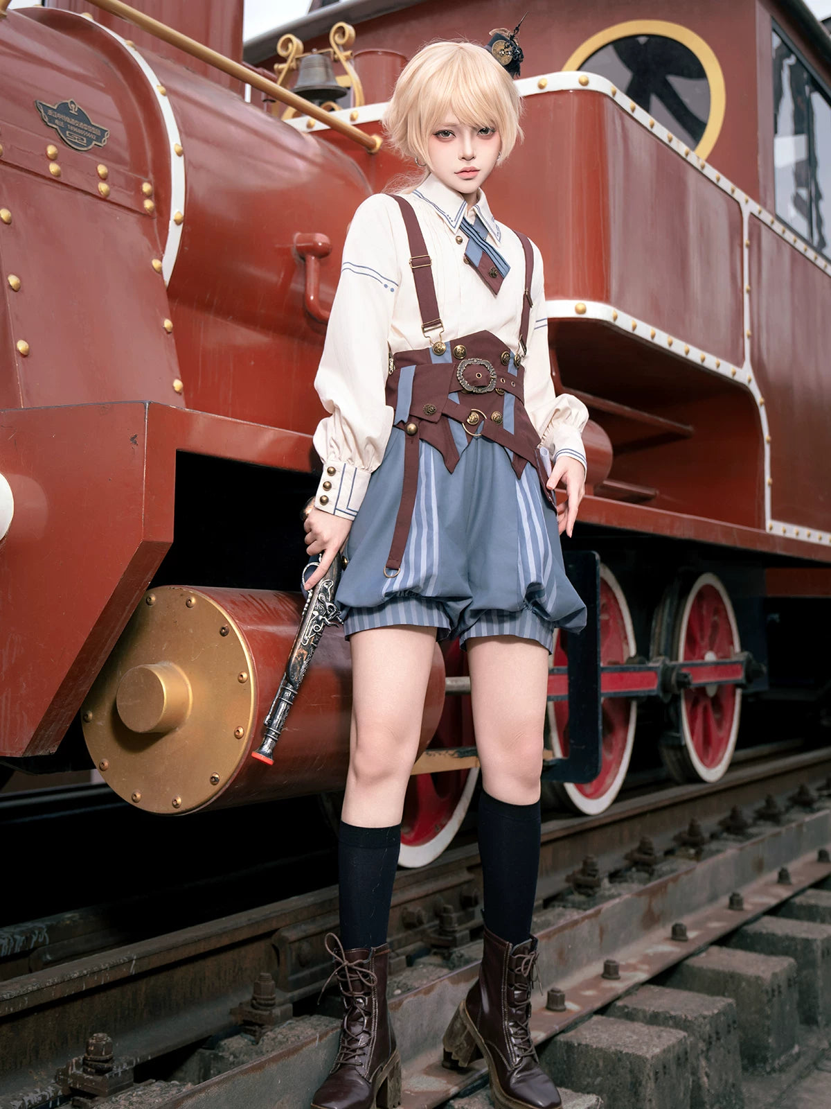 Poem of Wind & Compass - Ouji Lolita Blouse & Faux-Suspender Bloom Shorts Set 45919:868256