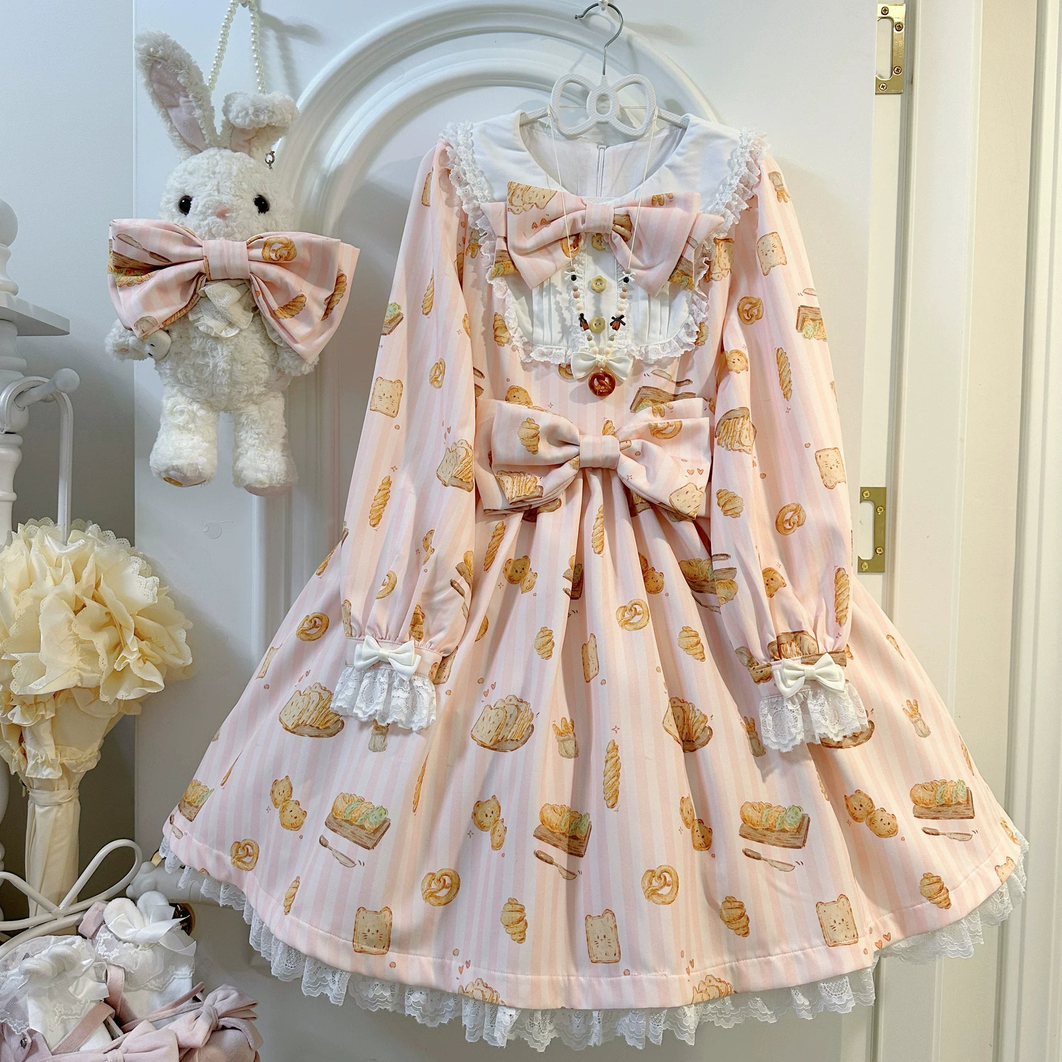 Kitten Bread - Sweet Lolita OP Dress, Cat & Bread Print Pink Dress Only S
