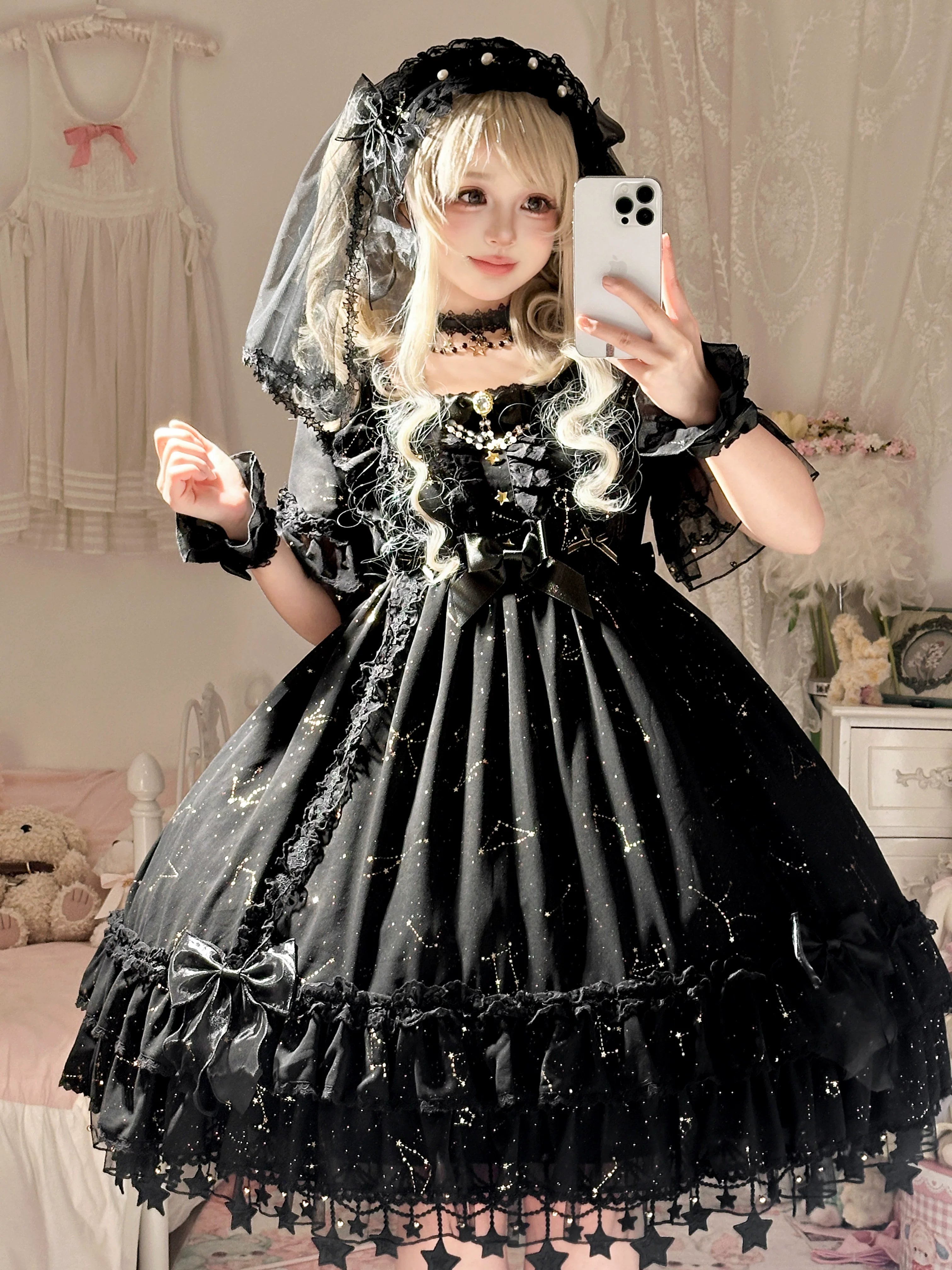 Whisper of Stars - Vintage Lolita Black OP Dress, Constellation-Themed 4556:818988