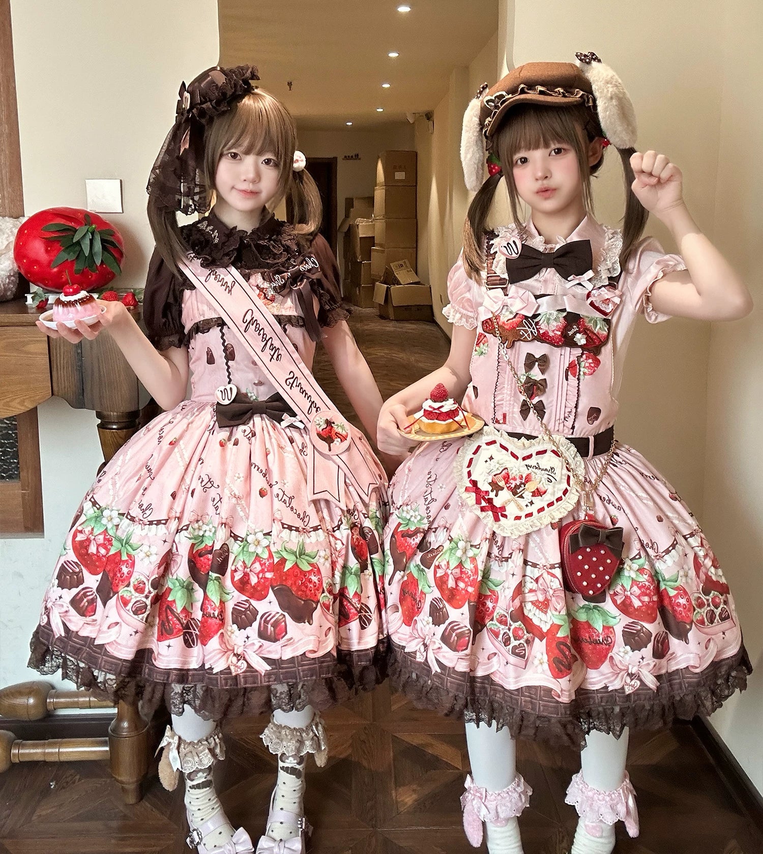 Strawberry Chocolate Lovers - Kawaii Lolita Embroidered Printed Dress