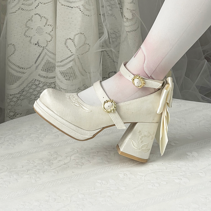 Dreamland - Dreamlike Lily of the Valley - Classic Lolita Platform Shoes with Back Large Bow Satin White 34