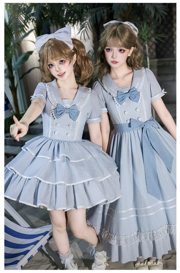 Seven-Day Bell - Blue Classic Lolita Striped OP Dress, Sailor Collar