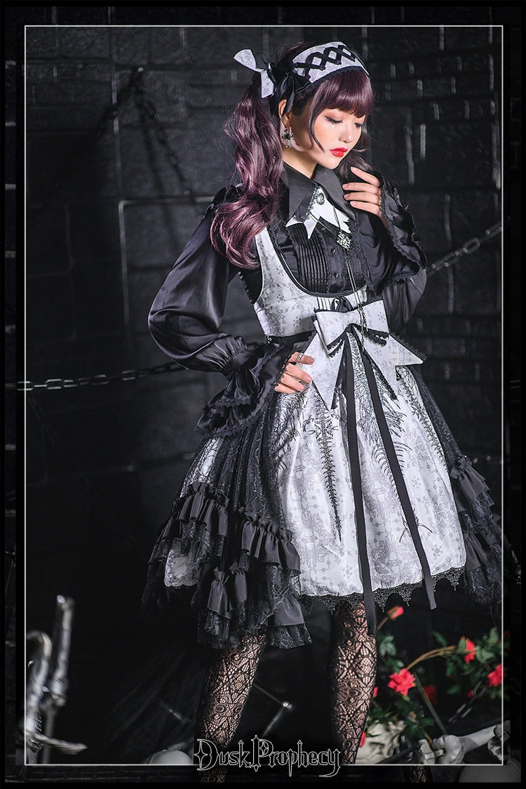 DuskProphecy - Coccyx - Elegant Lolita Dress High Waist Fishbone Print JSK Set 34722:466612