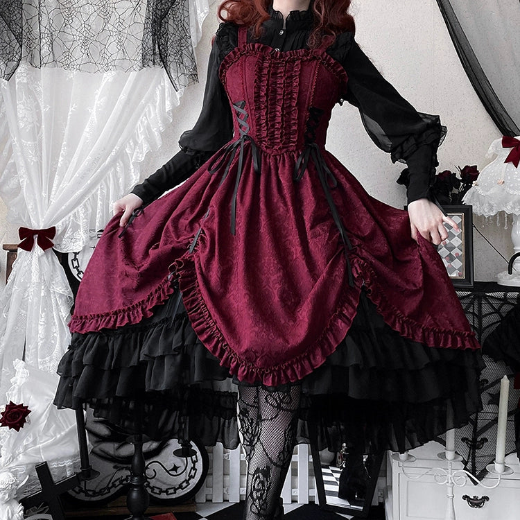Moonlit Fragrance - Red Night Hunt - Classic Lolita Jumper Dress Wine Red JSK