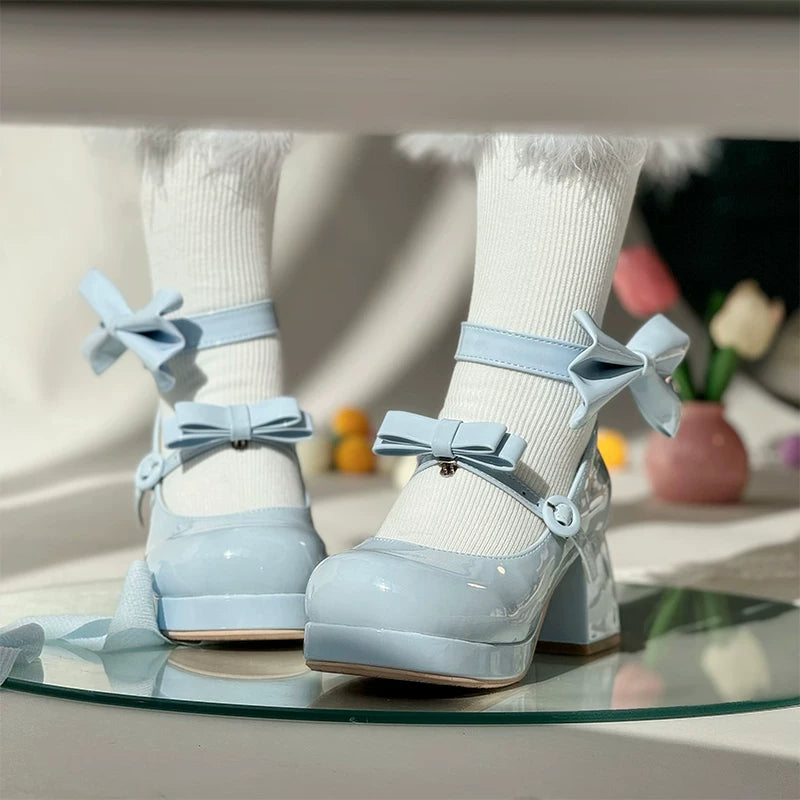 Covenant Doll - Sweet Lolita Chunky Heel Shoes, Detachable Bow Blue - Patent Version 34