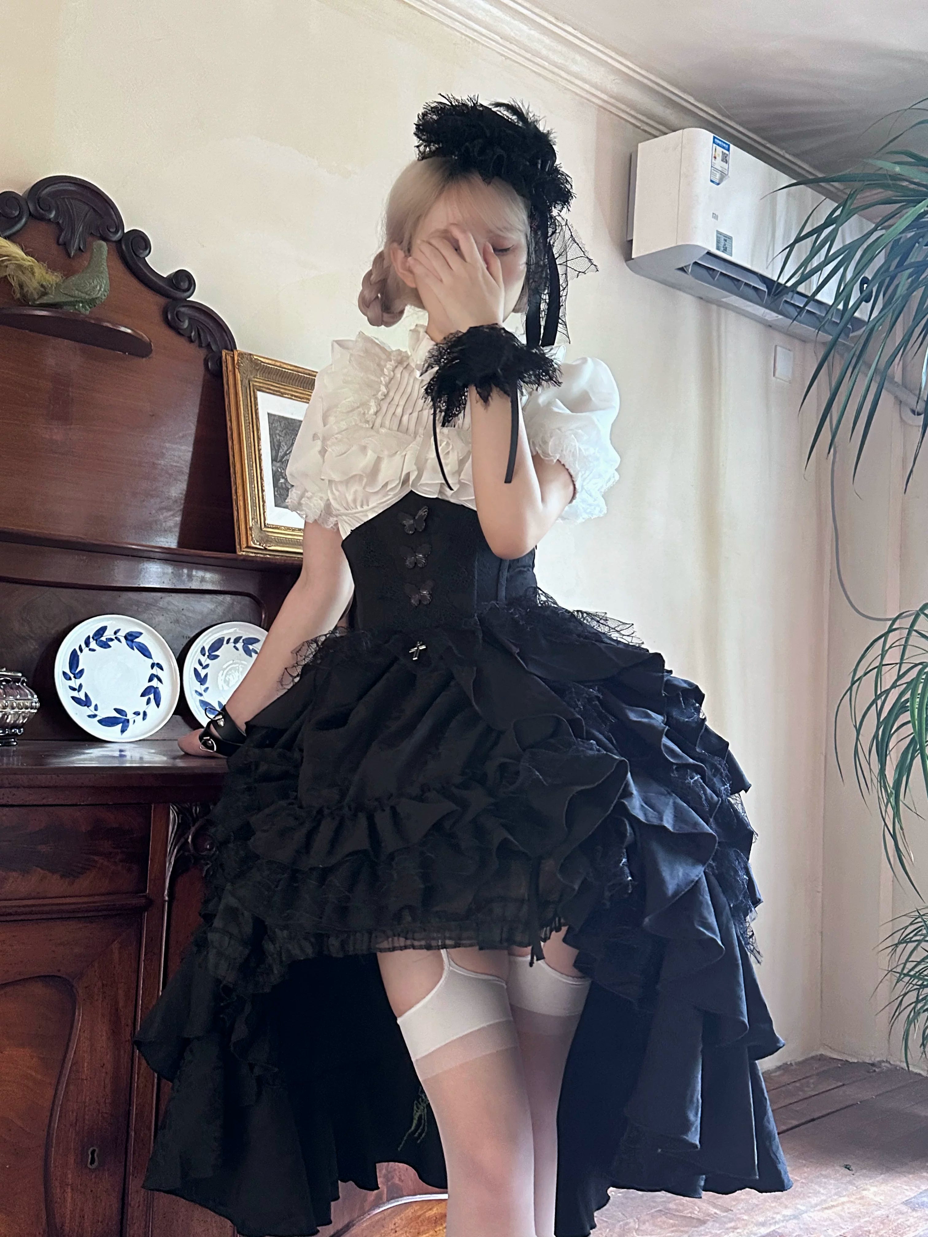 Mistshroud Manor - Gothic Lolita Blouse & Boned Waist SK, Drawstring Lift-up Hem 45909:867544