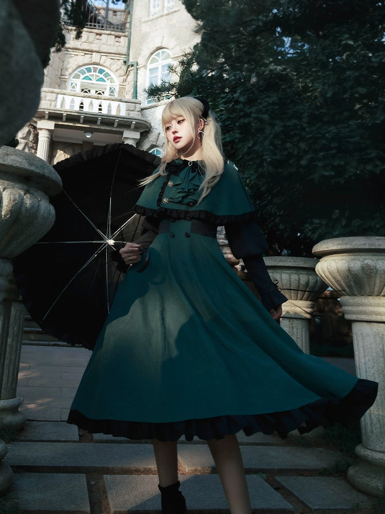 With PUJI - College of Potions - Elegantt Lolita OP Dress Black and Green Dress with Cape