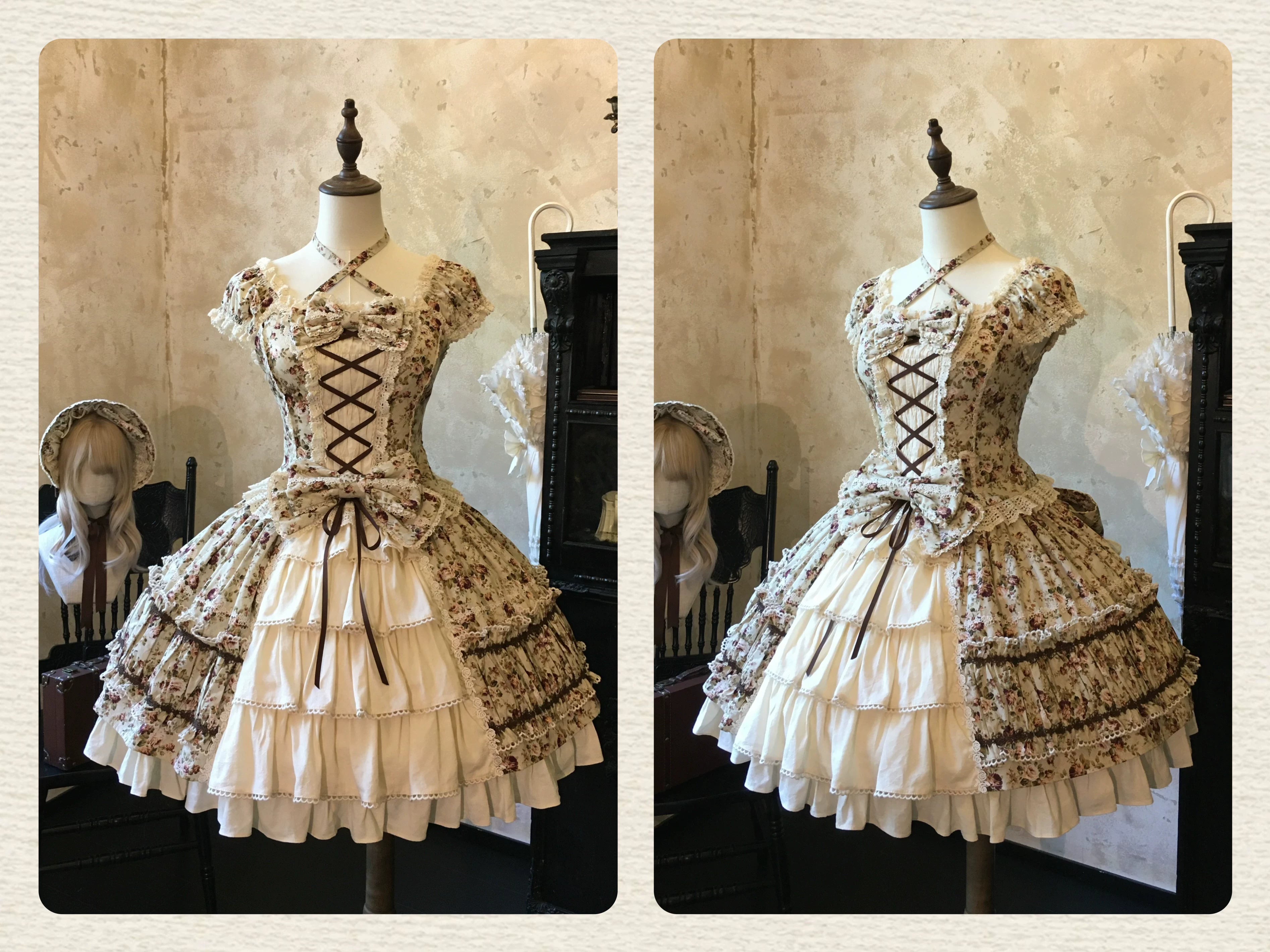 Old Rose Garden - Cotton Old School Lolita Top & Skirt Set, Floral Print 45886:866524