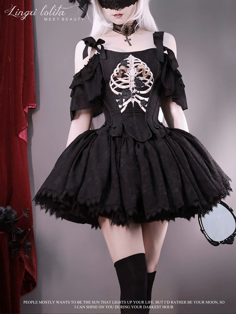 Lingxi Lolita - Bone island Gothic Lolita Corset Goth Blouse Skirt Set