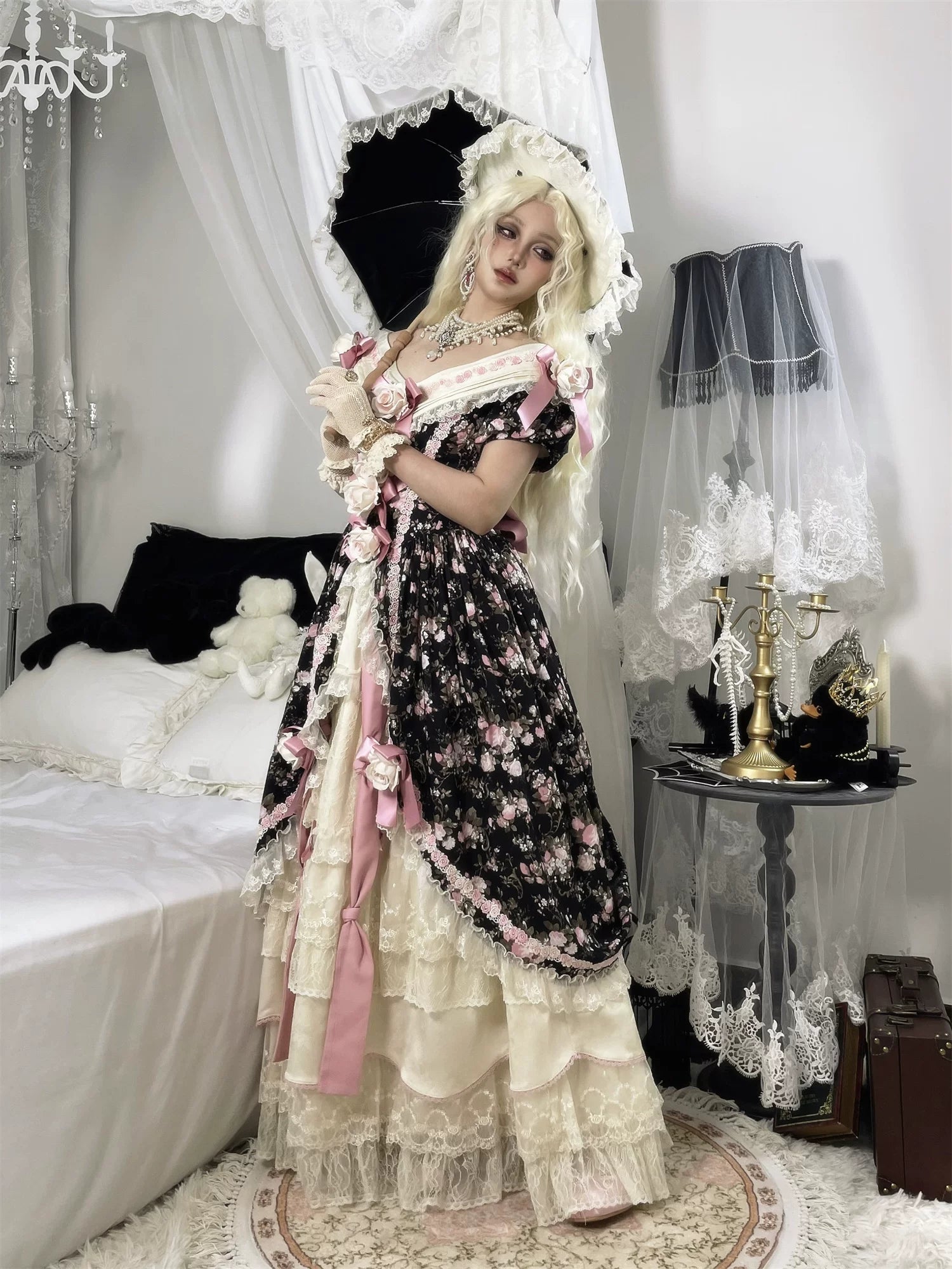 Dolota Flower Wall - Classic Lolita Floral OP Dress, Open Shoulder 44485:811164